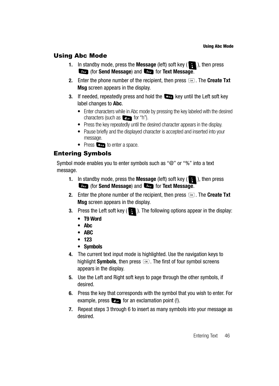 Using abc mode, Entering symbols, Using abc mode entering symbols | Samsung SCH-R610ZKAUSC User Manual | Page 49 / 188