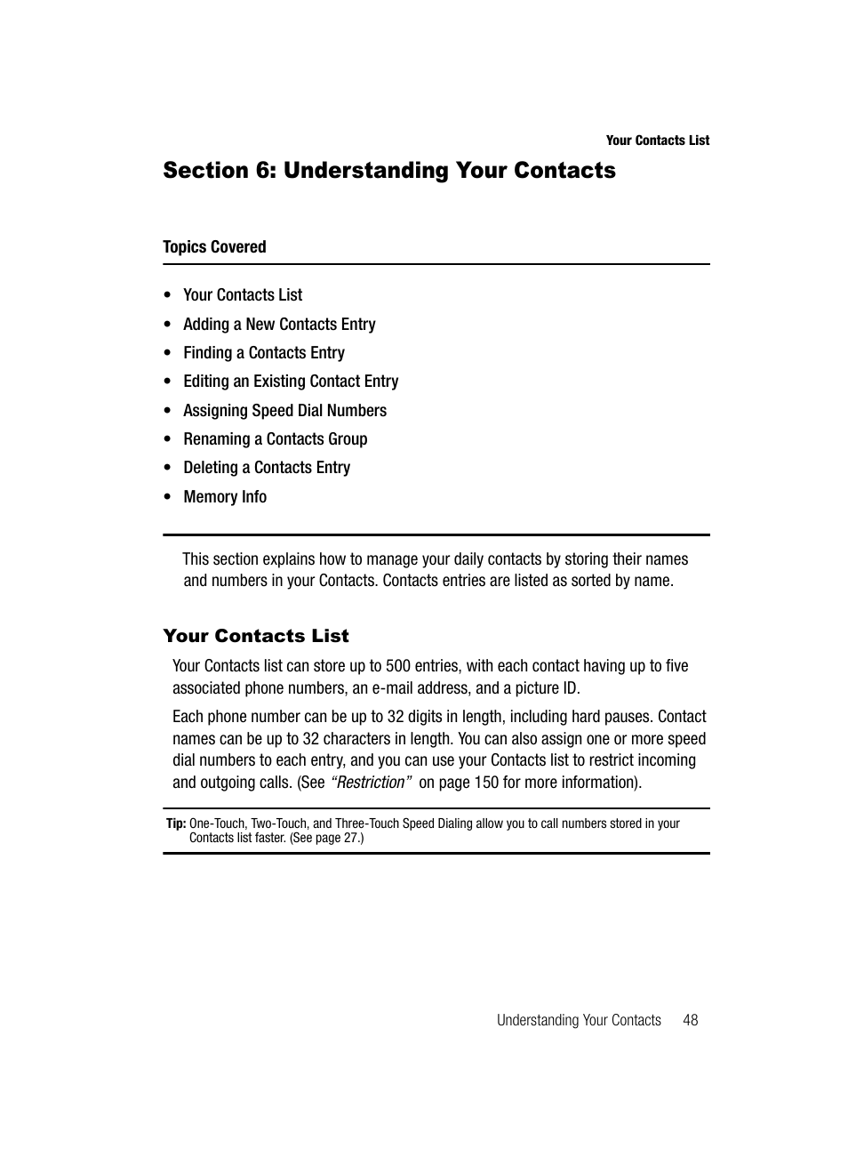 Section 6: understanding your contacts, Your contacts list | Samsung SCH-R610ZKAUSC User Manual | Page 51 / 188