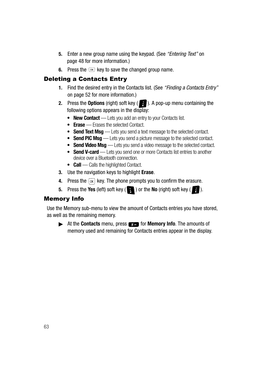 Deleting a contacts entry, Memory info, Deleting a contacts entry memory info | Samsung SCH-R610ZKAUSC User Manual | Page 66 / 188