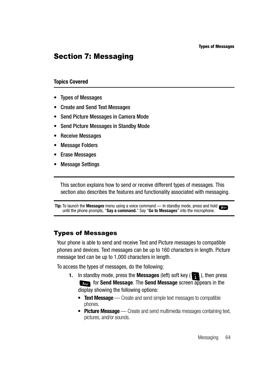 Section 7: messaging, Types of messages | Samsung SCH-R610ZKAUSC User Manual | Page 67 / 188