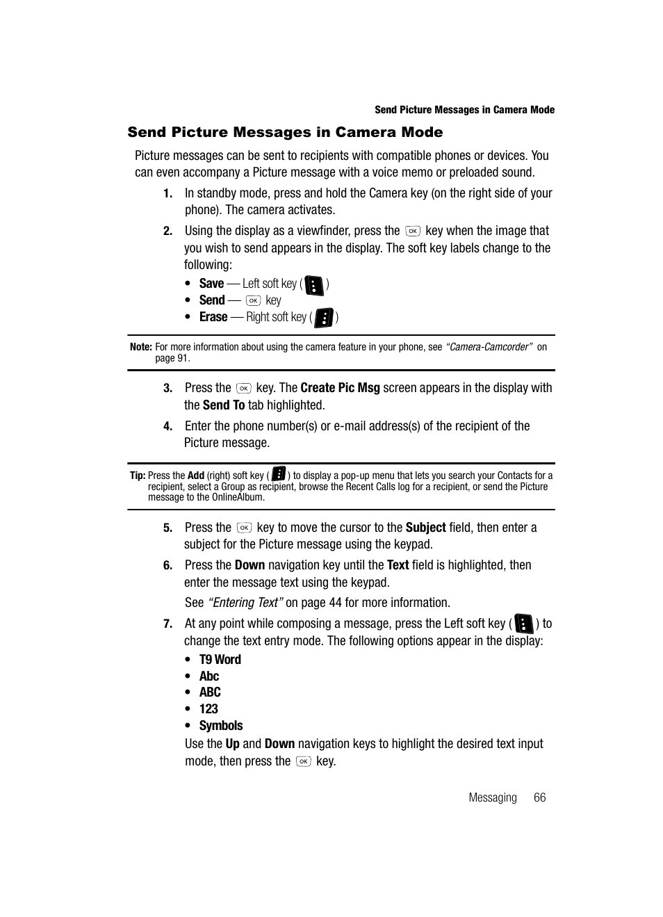 Send picture messages in camera mode | Samsung SCH-R610ZKAUSC User Manual | Page 69 / 188