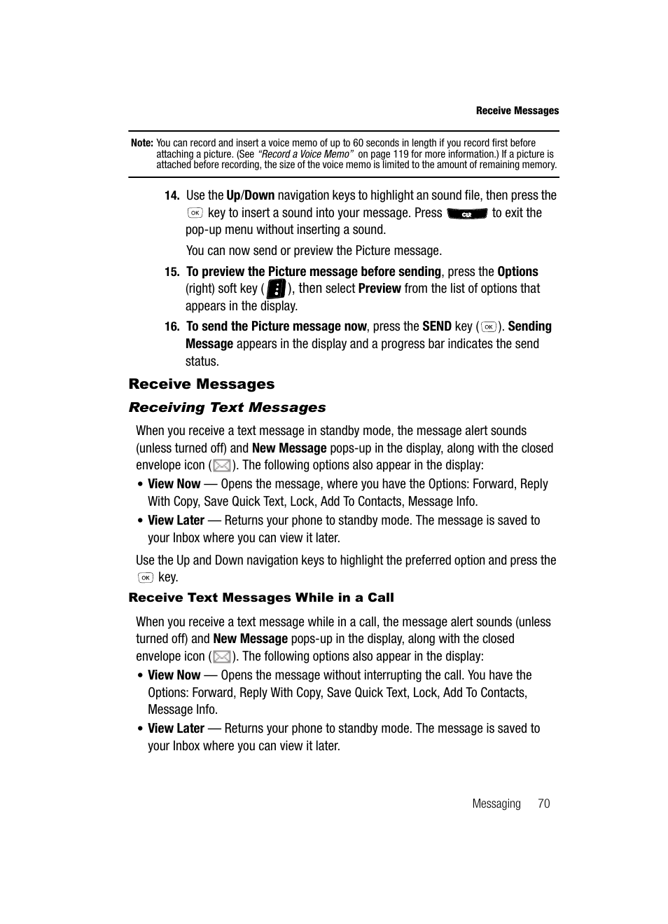 Receive messages, Receiving text messages, Receive text messages while in a call | Samsung SCH-R610ZKAUSC User Manual | Page 73 / 188