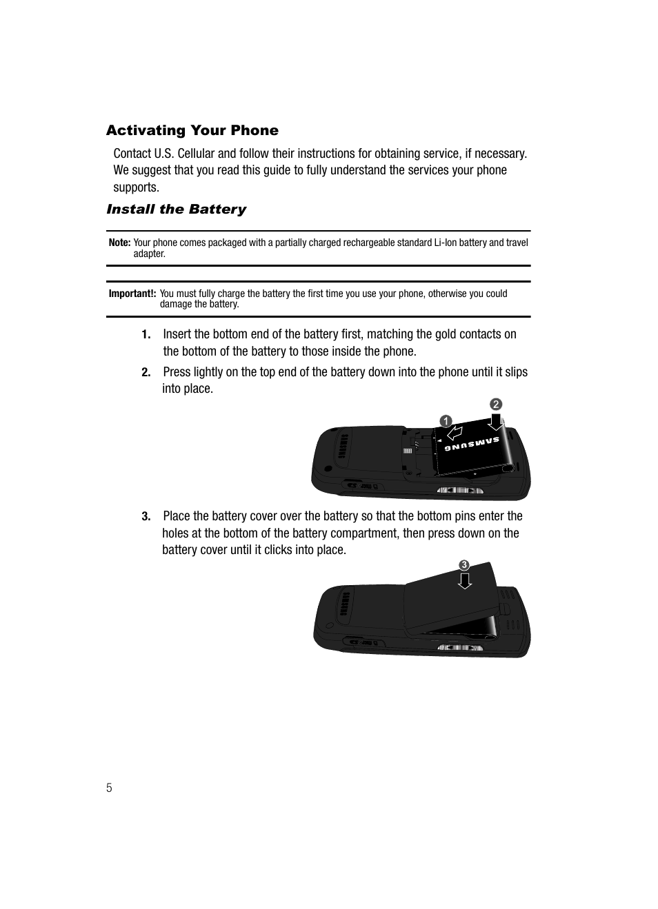 Activating your phone, Install the battery | Samsung SCH-R610ZKAUSC User Manual | Page 8 / 188