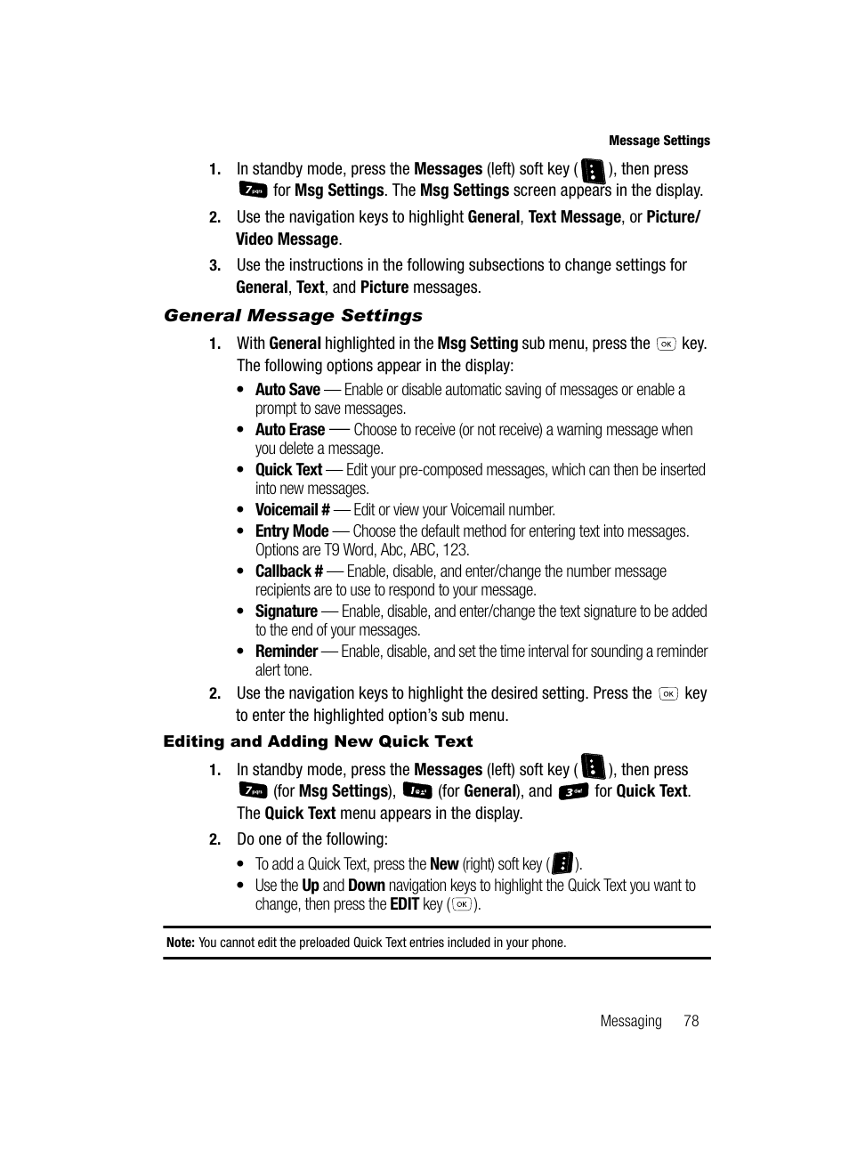 General message settings, Editing and adding new quick text | Samsung SCH-R610ZKAUSC User Manual | Page 81 / 188