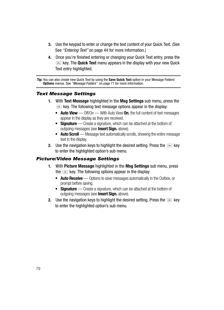 Text message settings, Picture/video message settings | Samsung SCH-R610ZKAUSC User Manual | Page 82 / 188