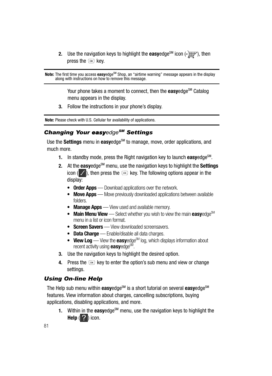 Changing your easyedgesm settings, Using on-line help | Samsung SCH-R610ZKAUSC User Manual | Page 84 / 188