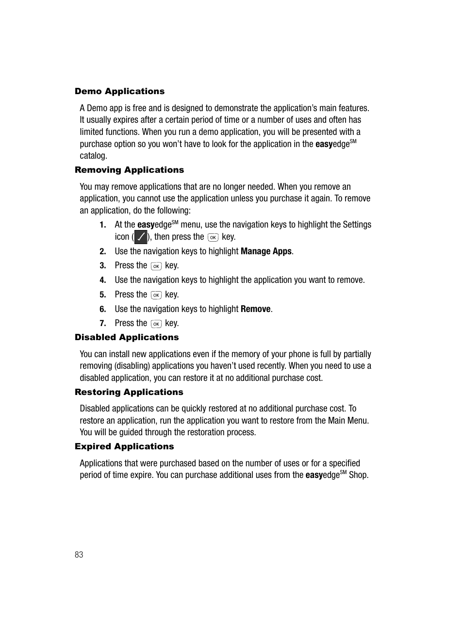 Demo applications, Removing applications, Disabled applications | Restoring applications, Expired applications | Samsung SCH-R610ZKAUSC User Manual | Page 86 / 188