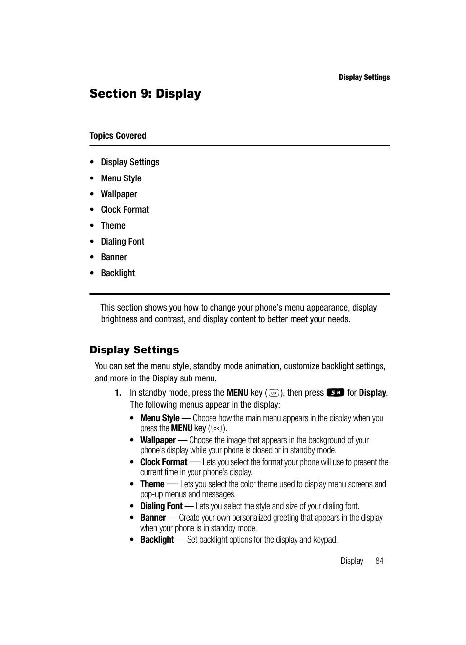 Section 9: display, Display settings | Samsung SCH-R610ZKAUSC User Manual | Page 87 / 188