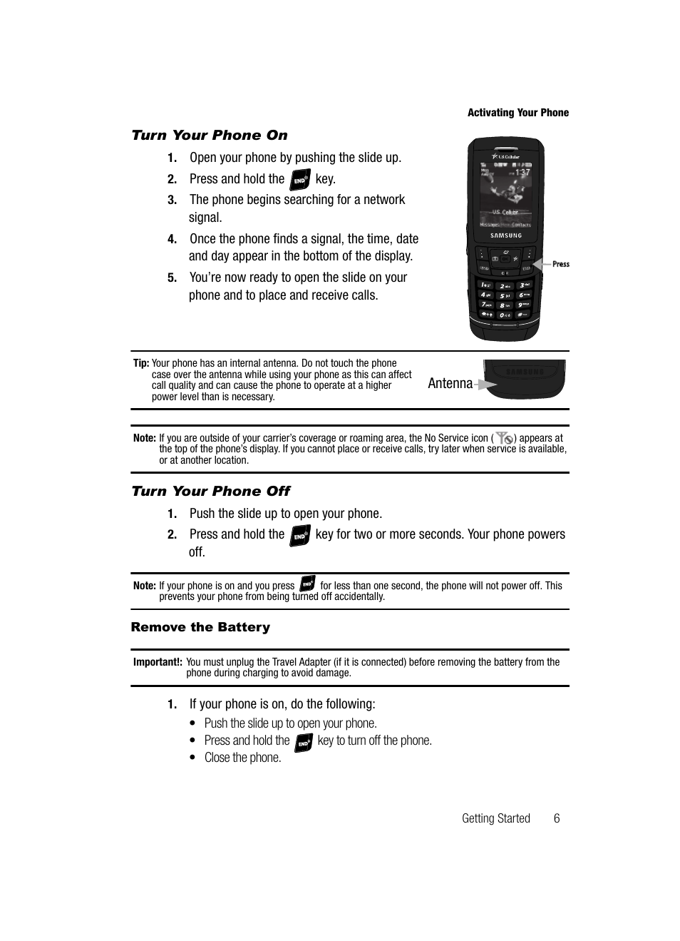 Turn your phone on, Turn your phone off, Remove the battery | Samsung SCH-R610ZKAUSC User Manual | Page 9 / 188