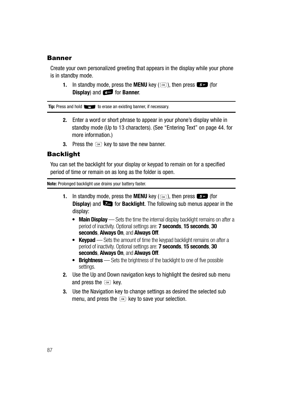 Banner, Backlight, Banner backlight | Samsung SCH-R610ZKAUSC User Manual | Page 90 / 188