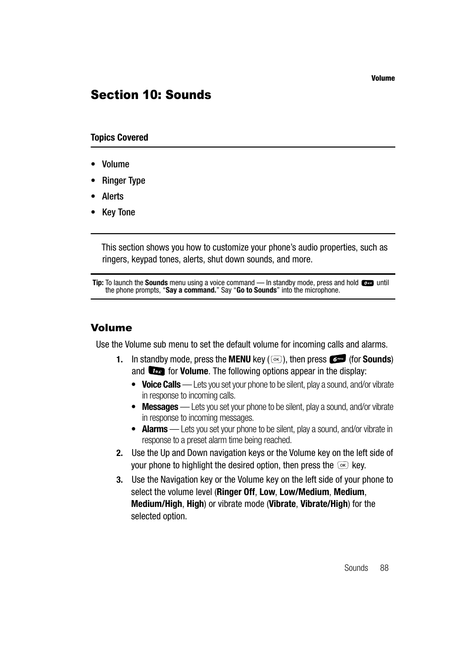 Section 10: sounds, Volume | Samsung SCH-R610ZKAUSC User Manual | Page 91 / 188