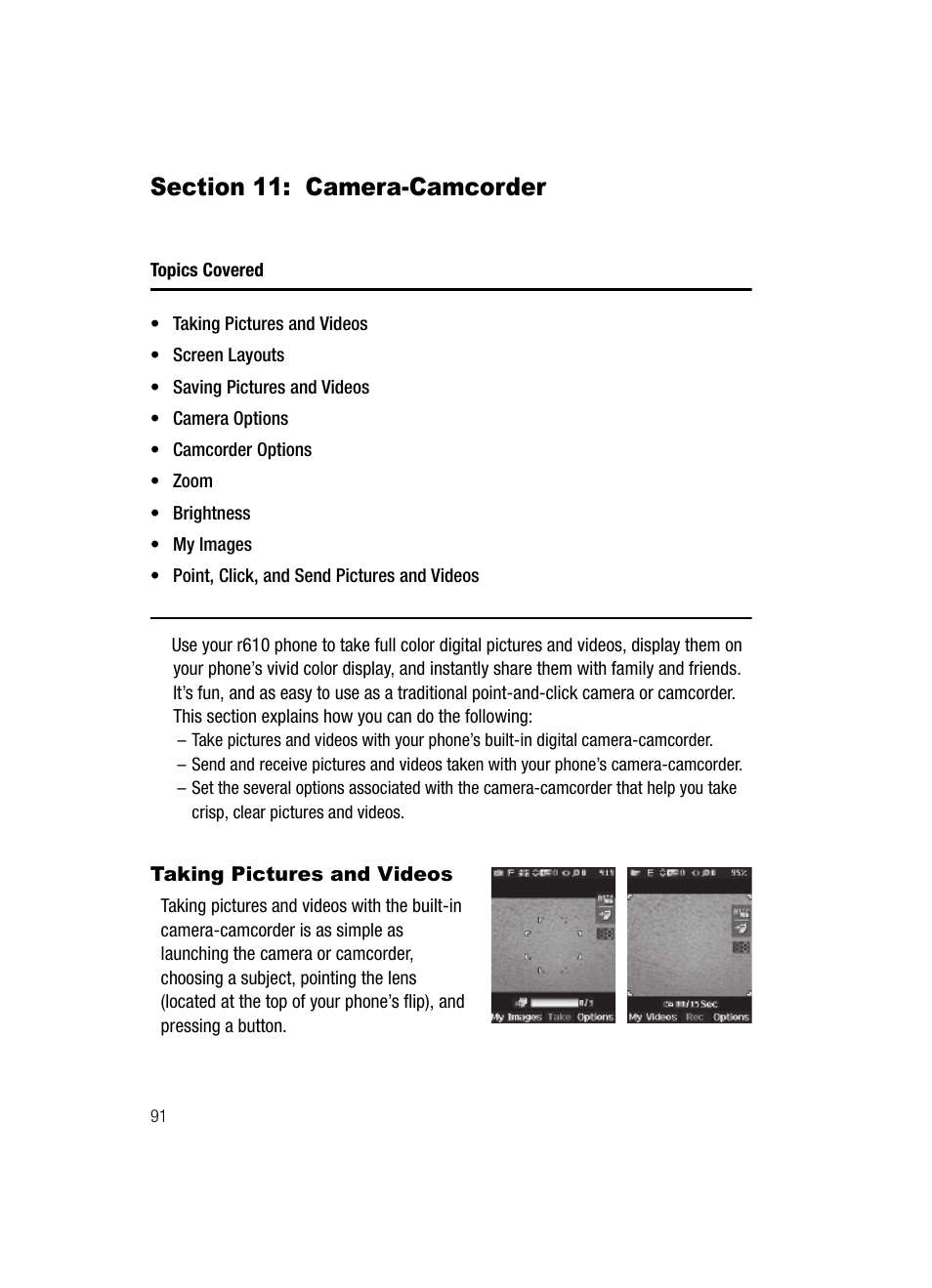 Section 11: camera-camcorder, Taking pictures and videos | Samsung SCH-R610ZKAUSC User Manual | Page 94 / 188