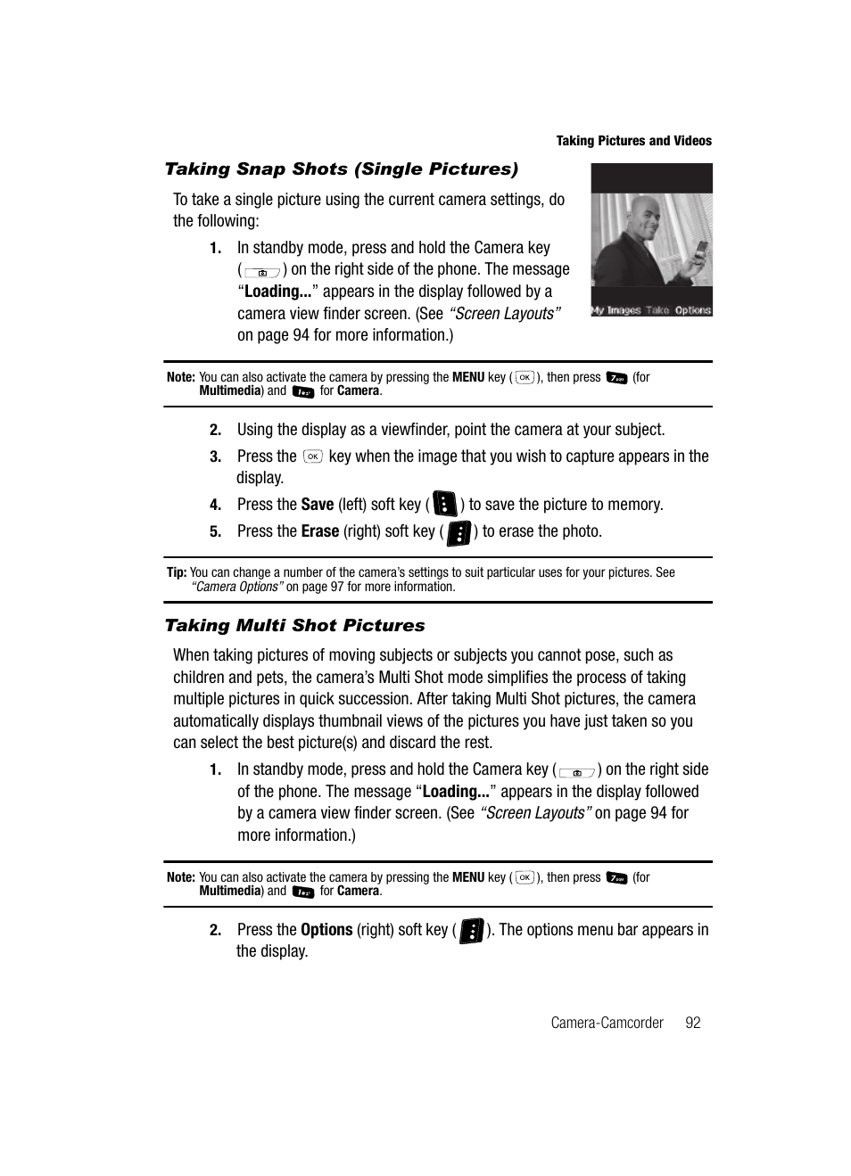 Taking snap shots (single pictures), Taking multi shot pictures | Samsung SCH-R610ZKAUSC User Manual | Page 95 / 188