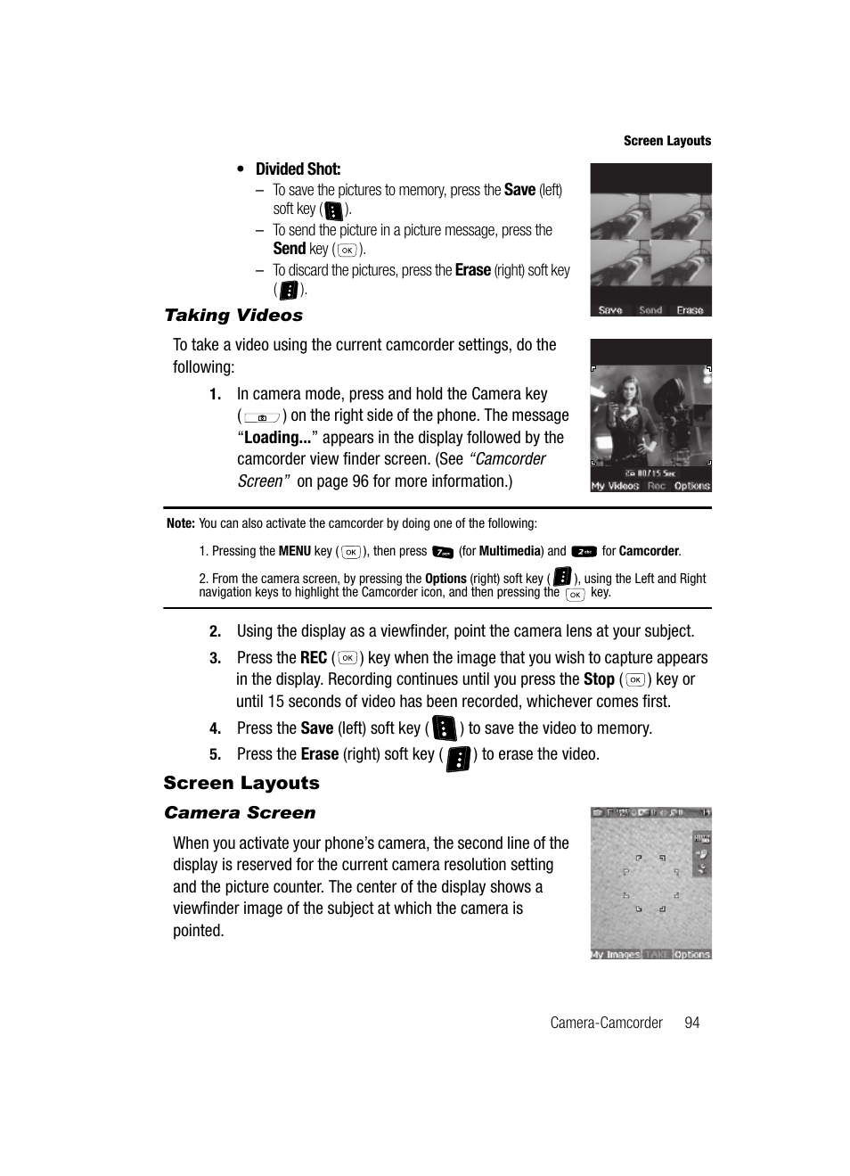 Taking videos, Screen layouts, Camera screen | Samsung SCH-R610ZKAUSC User Manual | Page 97 / 188