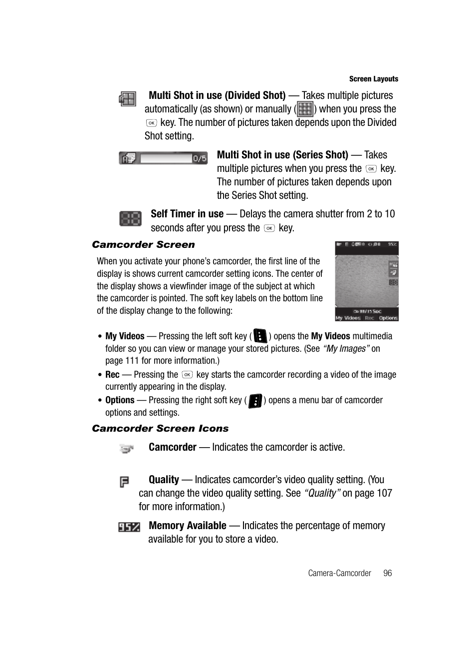 Camcorder screen, Camcorder screen icons | Samsung SCH-R610ZKAUSC User Manual | Page 99 / 188