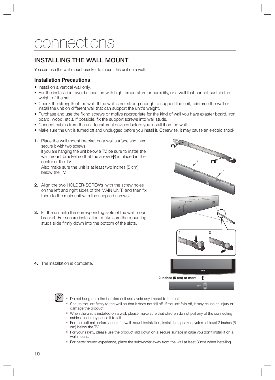 Connections, Installing the wall mount | Samsung HW-F750-ZA User Manual | Page 10 / 26