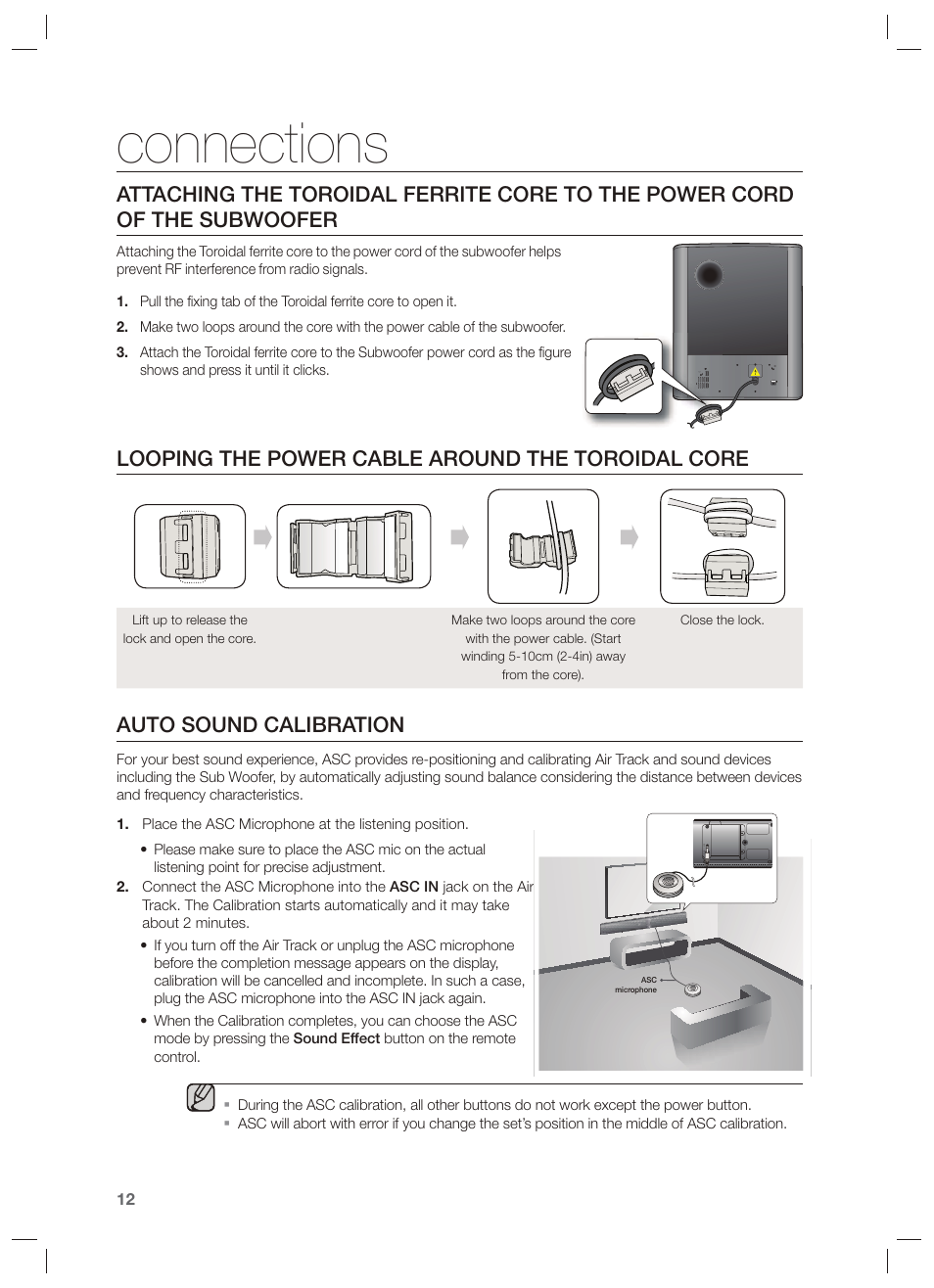 Looping the power cable around the toroidal core, Auto sound calibration, Connections | Samsung HW-F750-ZA User Manual | Page 12 / 26