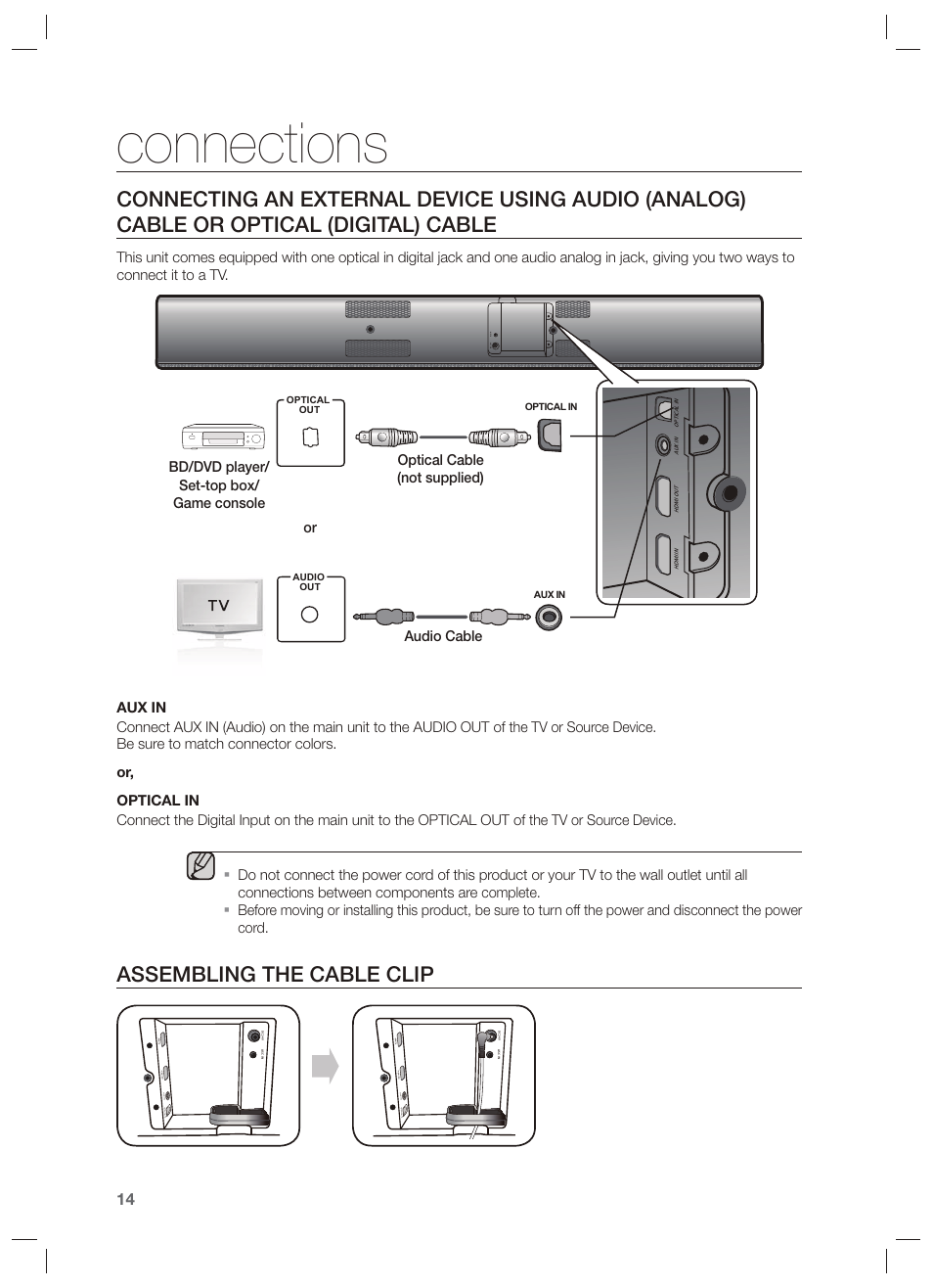 Assembling the cable clip, Connections | Samsung HW-F750-ZA User Manual | Page 14 / 26