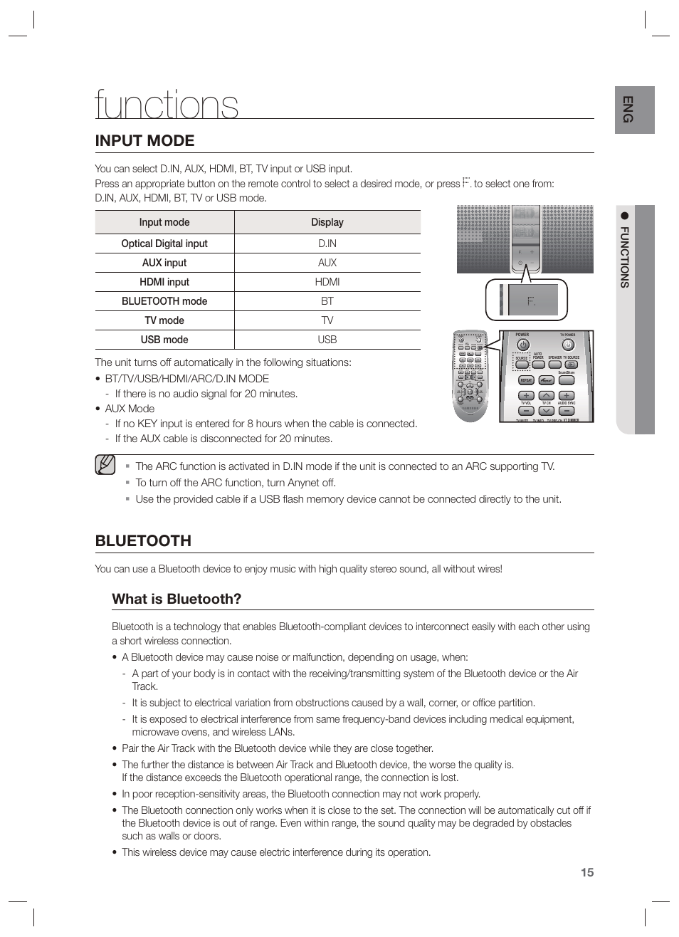 Functions, Input mode, Bluetooth | What is bluetooth | Samsung HW-F750-ZA User Manual | Page 15 / 26