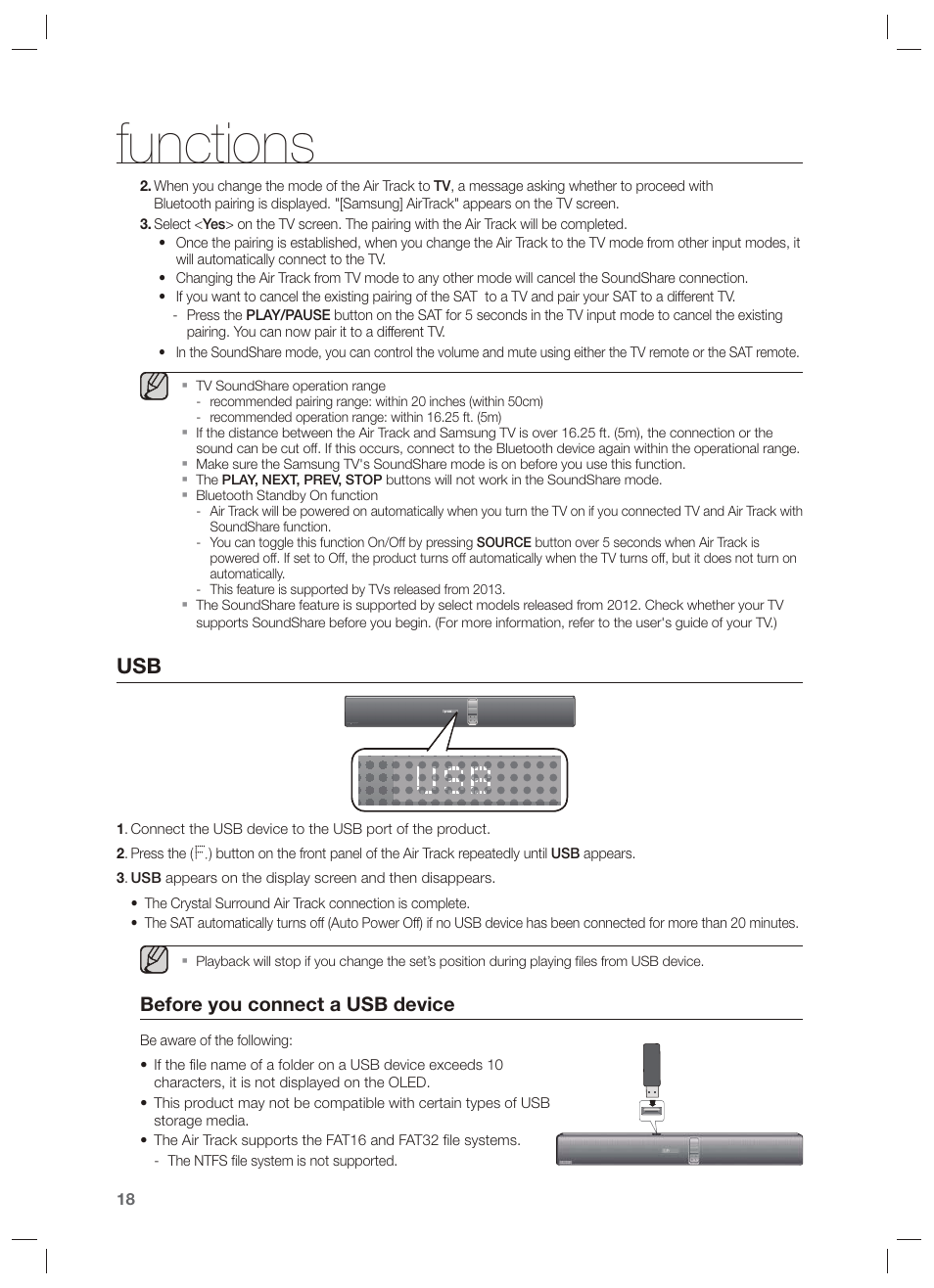 Functions, Before you connect a usb device | Samsung HW-F750-ZA User Manual | Page 18 / 26