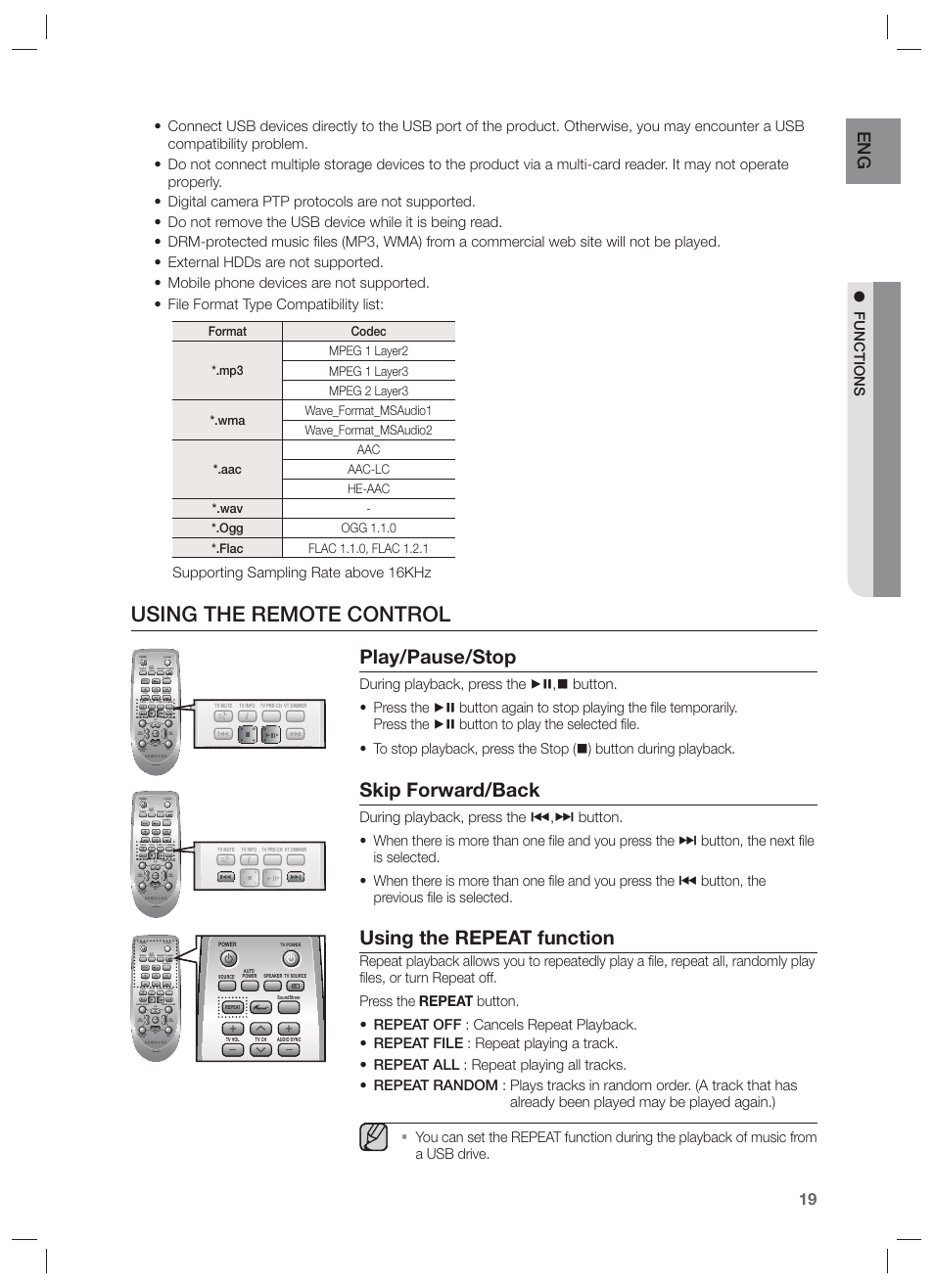 Using the remote control, Play/pause/stop, Skip forward/back | Using the repeat function, Functions, Supporting sampling rate above 16khz | Samsung HW-F750-ZA User Manual | Page 19 / 26