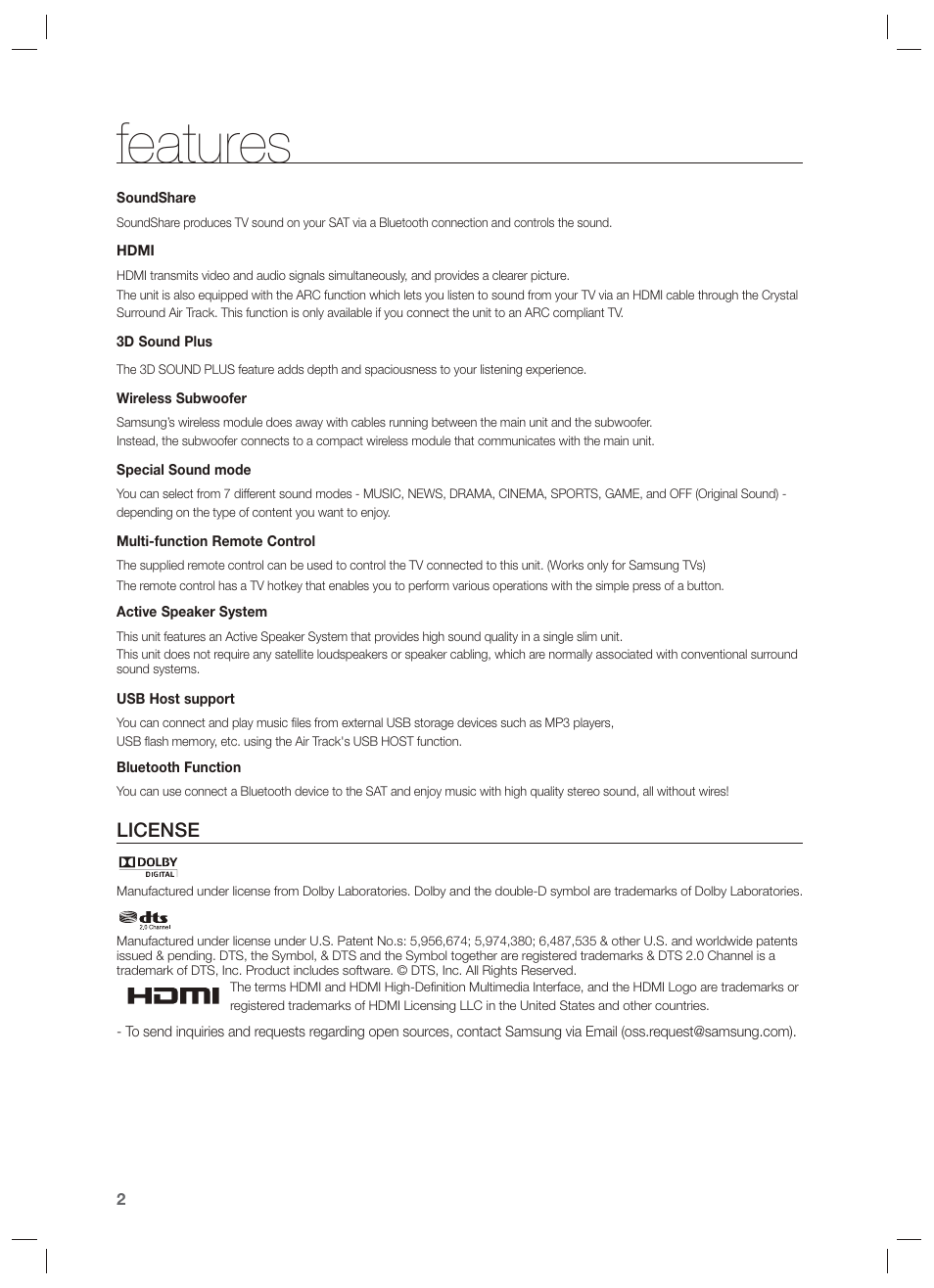 Features, License | Samsung HW-F750-ZA User Manual | Page 2 / 26