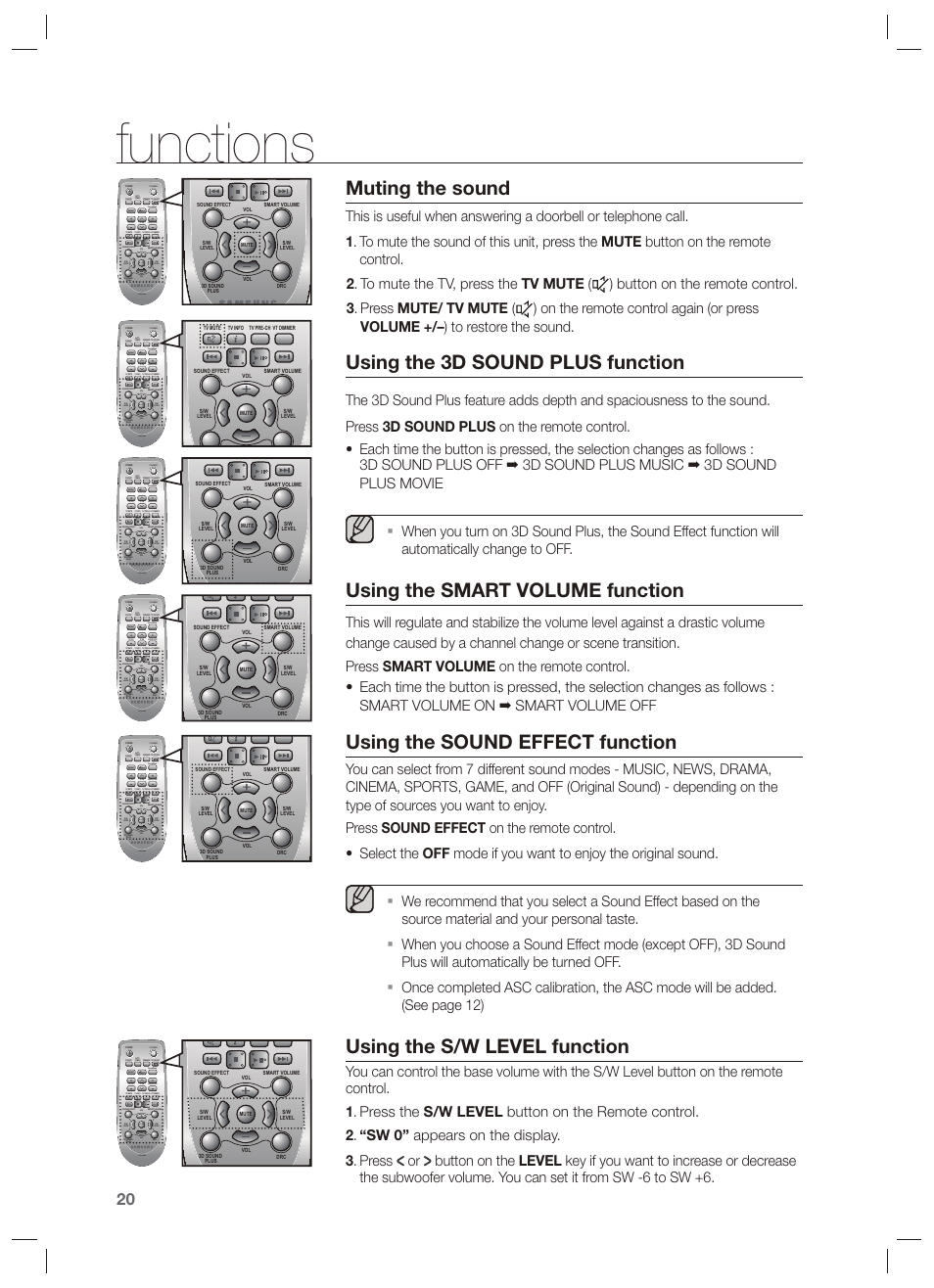 Functions, Muting the sound, Using the 3d sound plus function | Using the smart volume function, Using the sound effect function, Using the s/w level function | Samsung HW-F750-ZA User Manual | Page 20 / 26