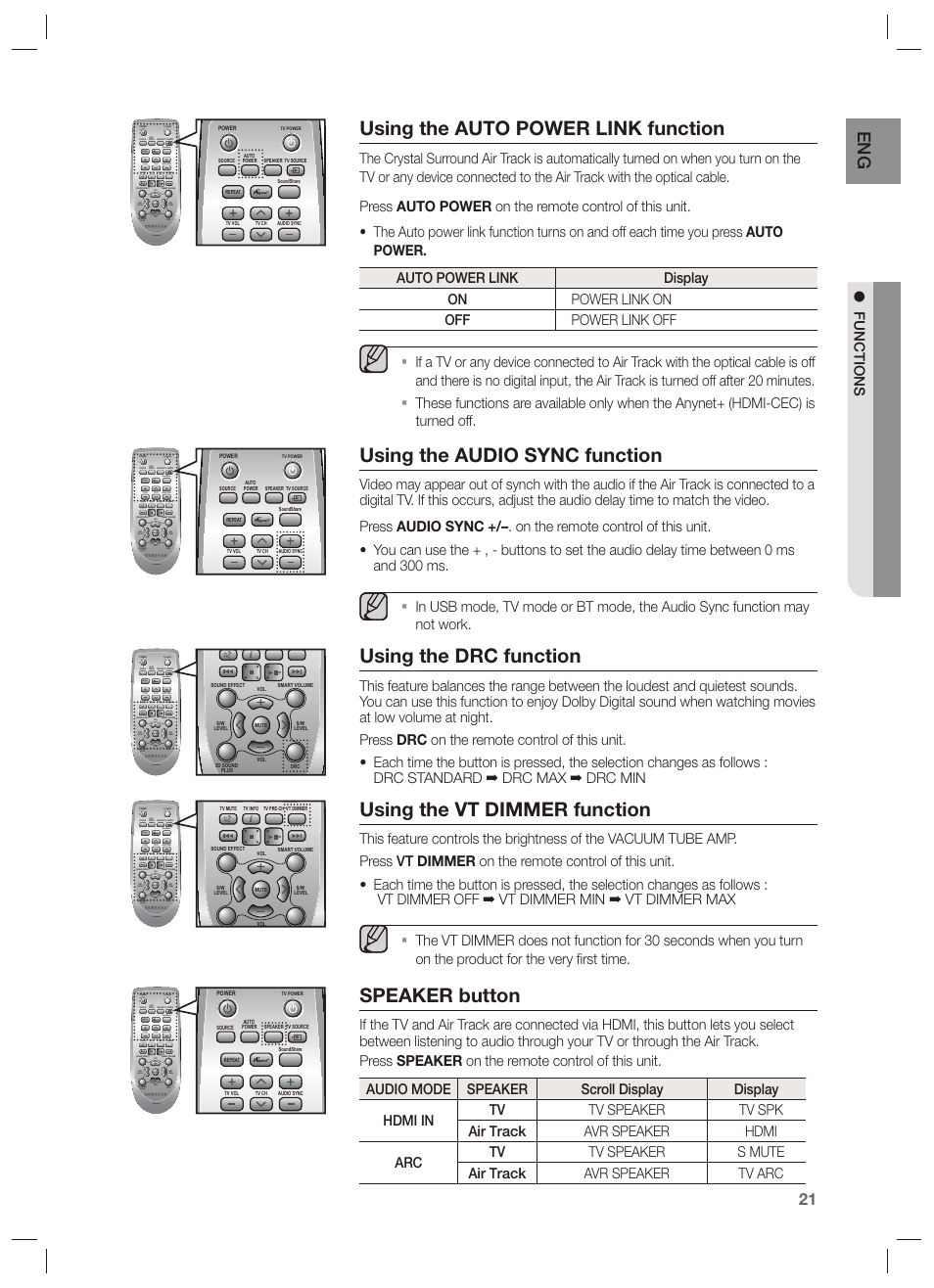 Using the auto power link function, Using the audio sync function, Using the drc function | Using the vt dimmer function, Speaker button, Functions | Samsung HW-F750-ZA User Manual | Page 21 / 26