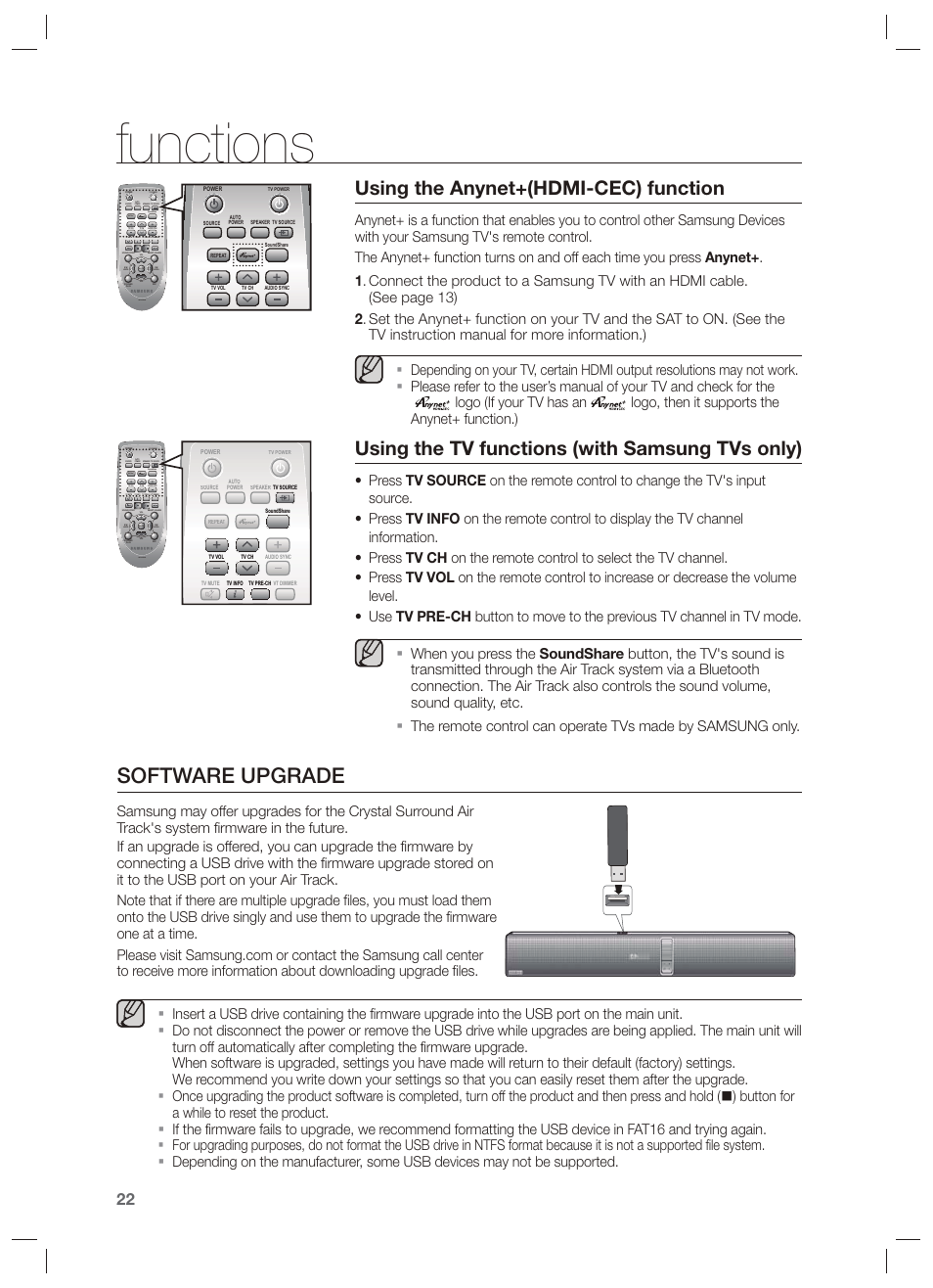 Software upgrade, Functions, Using the anynet+(hdmi-cec) function | Using the tv functions (with samsung tvs only), 5v 0.5a | Samsung HW-F750-ZA User Manual | Page 22 / 26