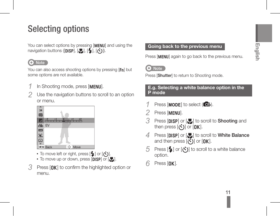 Selecting options | Samsung EC-PL90ZZBPAUS User Manual | Page 11 / 36