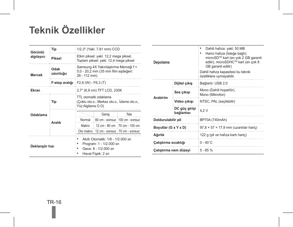 Teknik özellikler | Samsung EC-PL90ZZBPAUS User Manual | Page 32 / 36