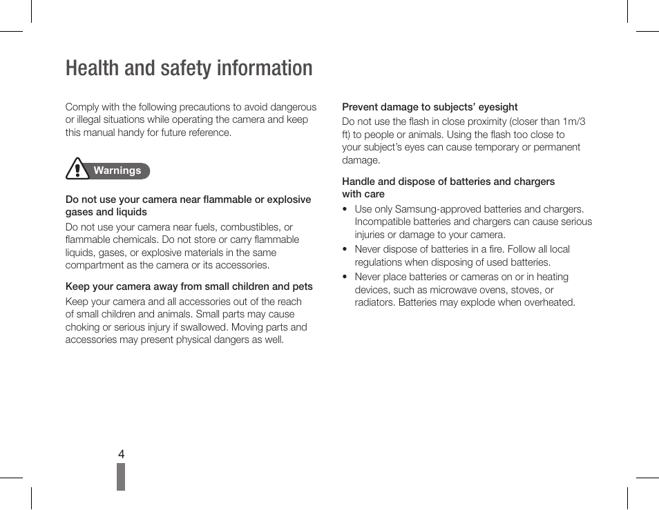 Health and safety information | Samsung EC-PL90ZZBPAUS User Manual | Page 4 / 36