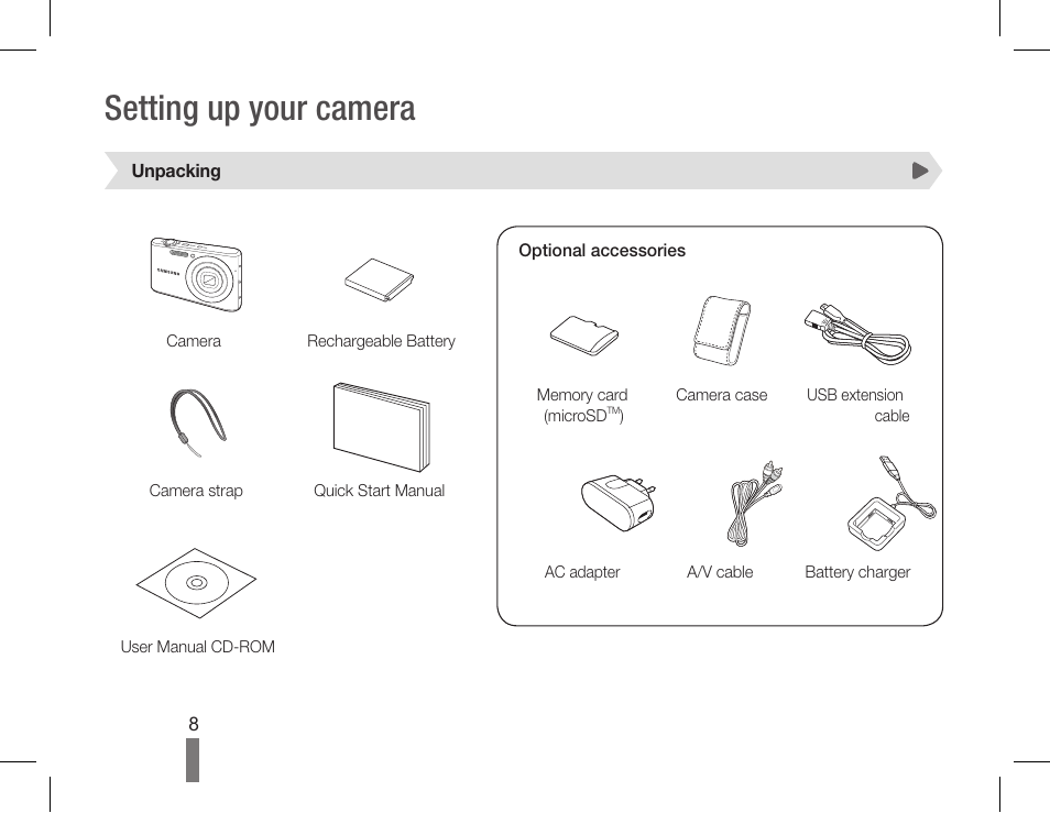 Setting up your camera | Samsung EC-PL90ZZBPAUS User Manual | Page 8 / 36