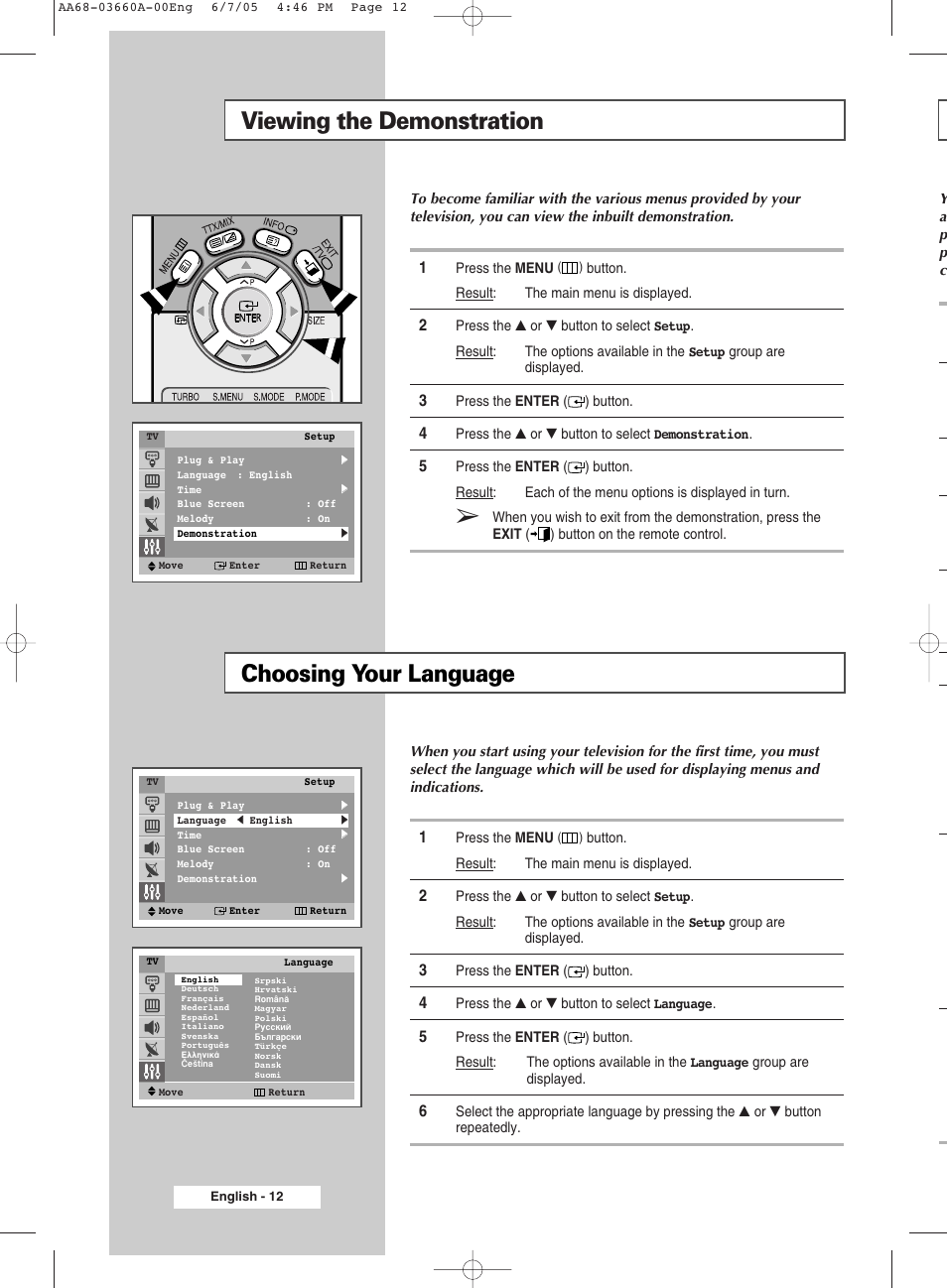 Viewing the demonstration, Choosing your language, Viewing the demonstration choosing your language | Samsung CW29M026V7XXEC User Manual | Page 12 / 48