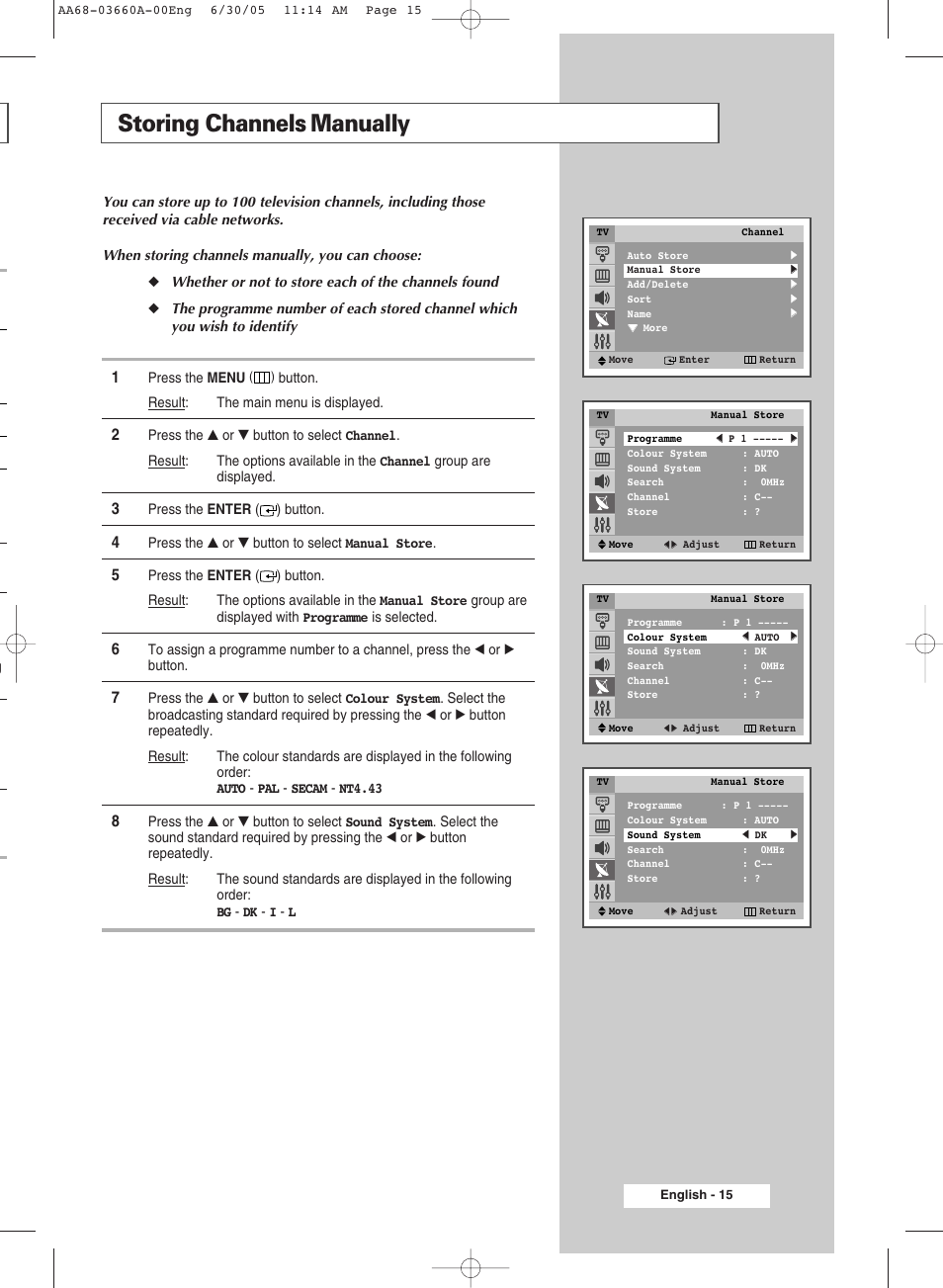 Storing channels manually | Samsung CW29M026V7XXEC User Manual | Page 15 / 48