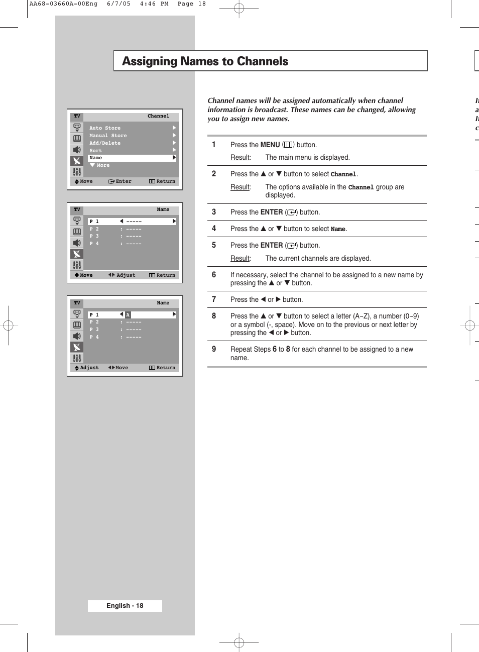 Assigning names to channels | Samsung CW29M026V7XXEC User Manual | Page 18 / 48