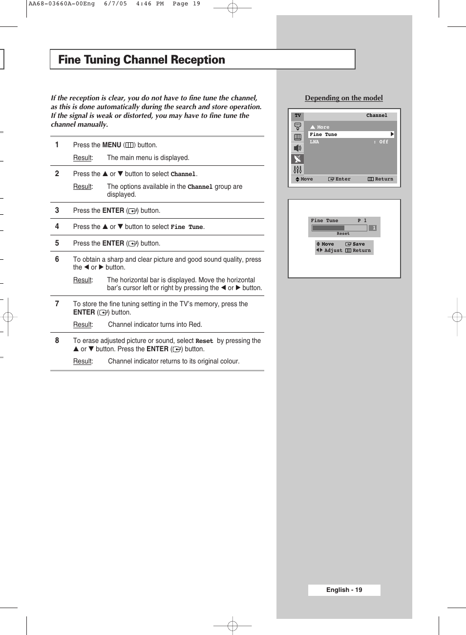 Fine tuning channel reception | Samsung CW29M026V7XXEC User Manual | Page 19 / 48