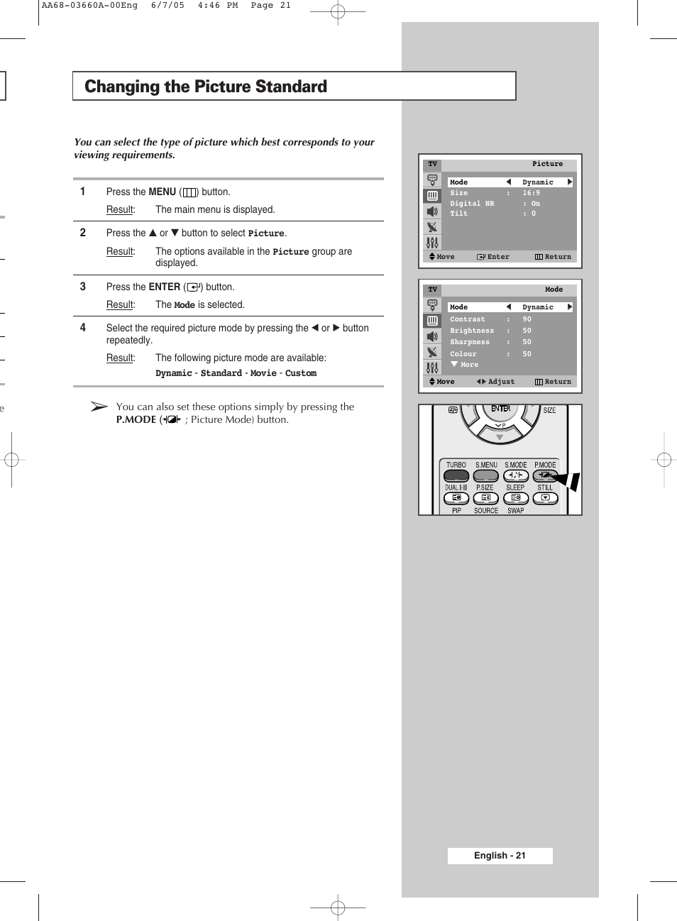 Changing the picture standard | Samsung CW29M026V7XXEC User Manual | Page 21 / 48