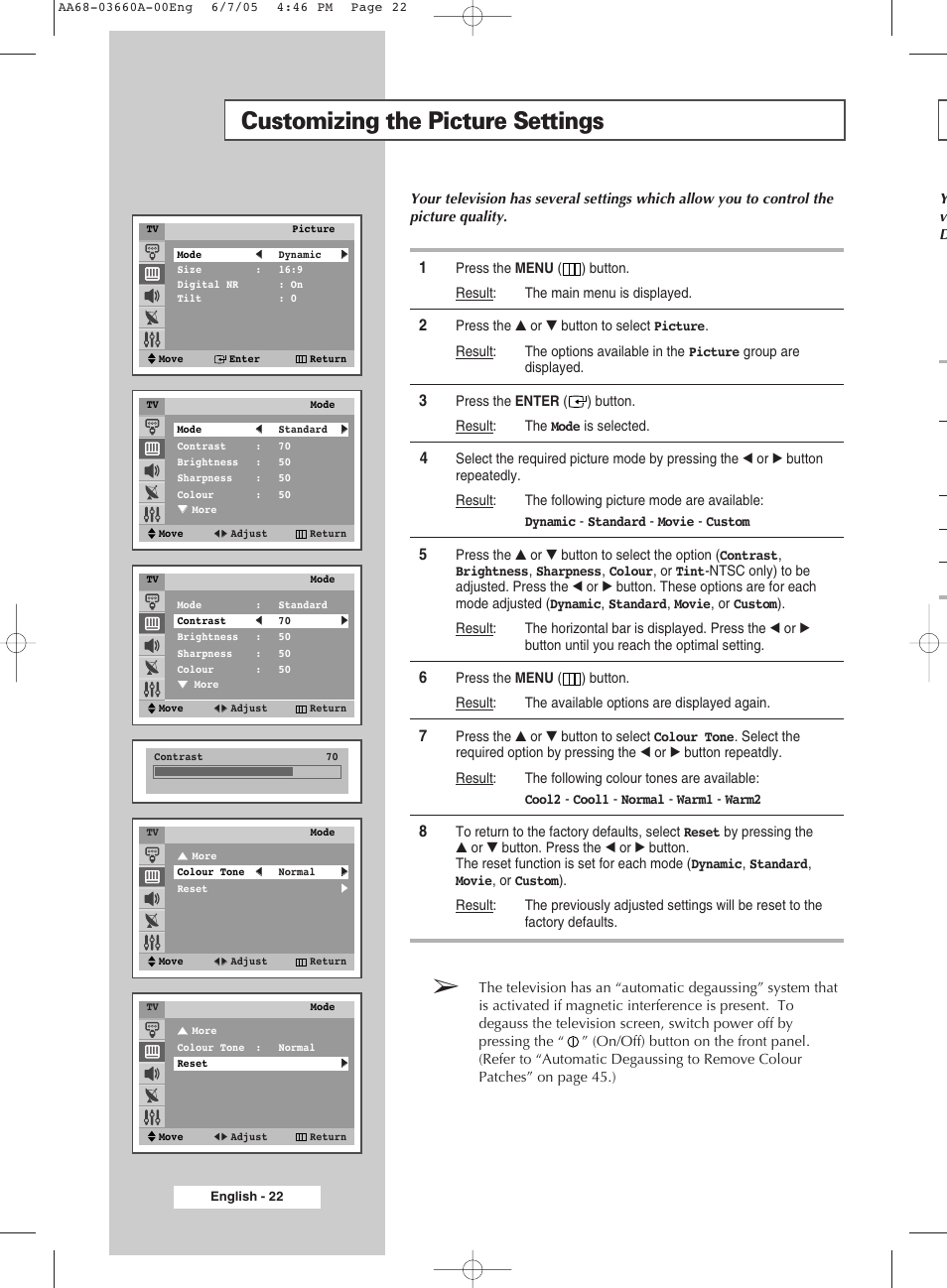 Customizing the picture settings | Samsung CW29M026V7XXEC User Manual | Page 22 / 48