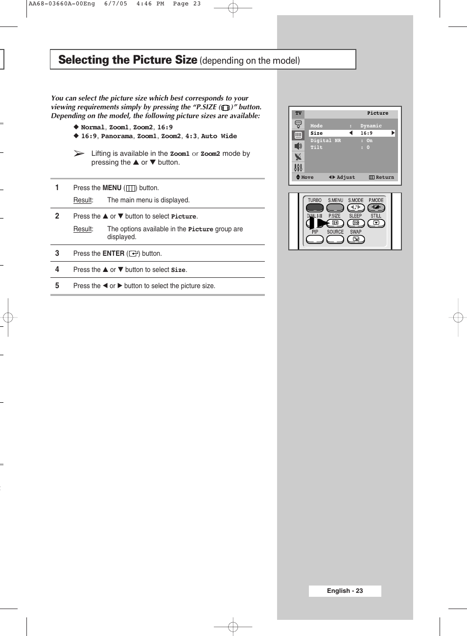 Selecting the picture size(depending on the model), Selecting the picture size, Depending on the model) | Samsung CW29M026V7XXEC User Manual | Page 23 / 48