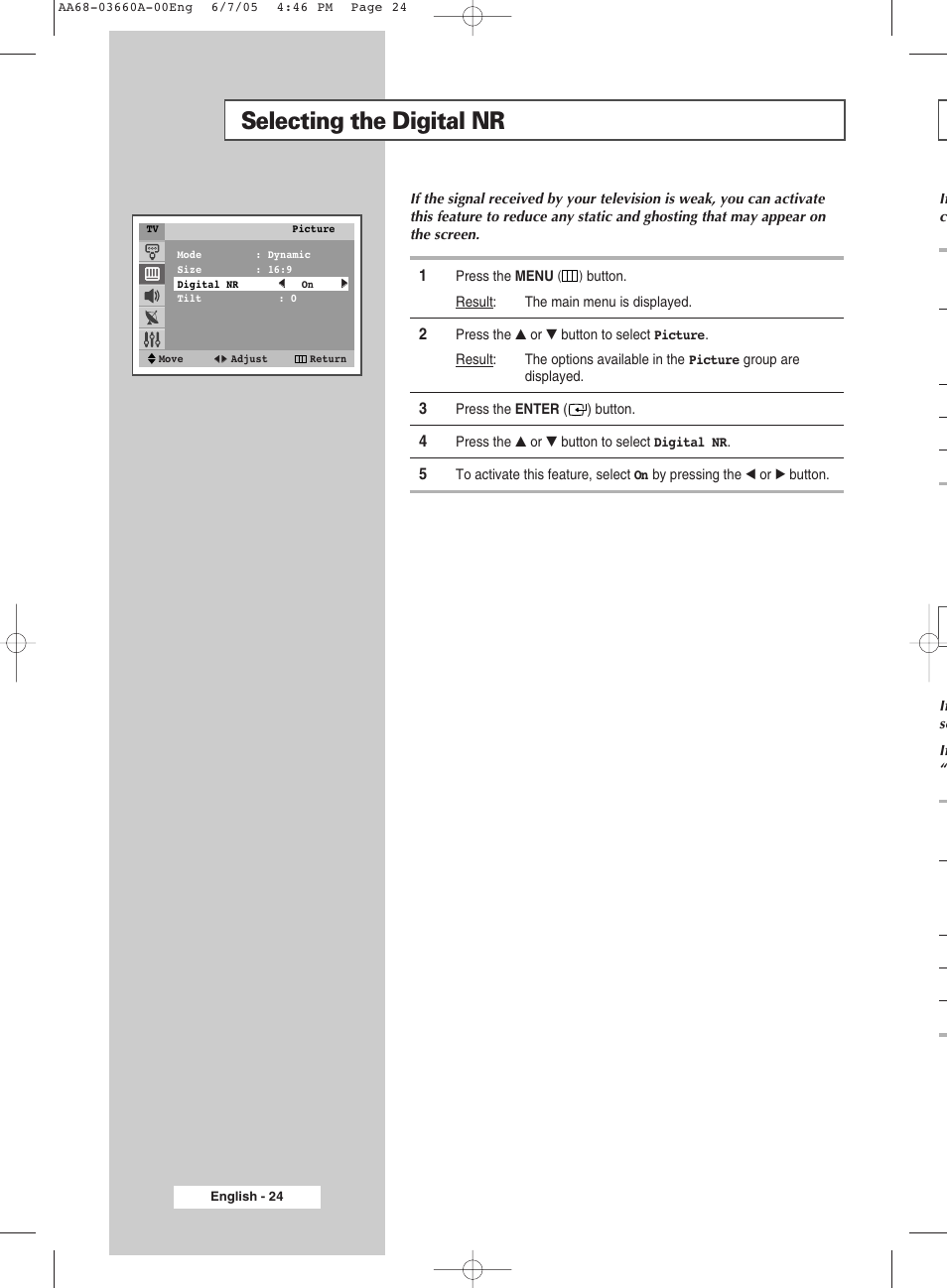 Selecting the digital nr | Samsung CW29M026V7XXEC User Manual | Page 24 / 48