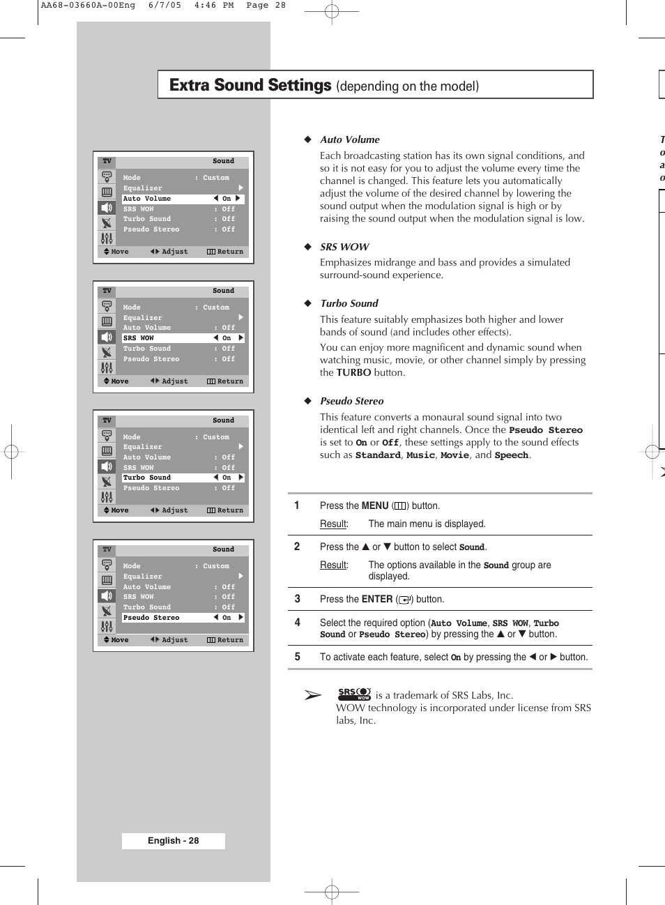 Extra sound settings(depending on the model), Extra sound settings, Depending on the model) | Samsung CW29M026V7XXEC User Manual | Page 28 / 48