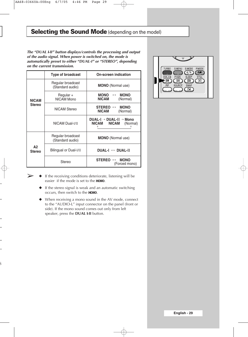 Selecting the sound mode(depending on the model), Selecting the sound mode, Depending on the model) | Samsung CW29M026V7XXEC User Manual | Page 29 / 48