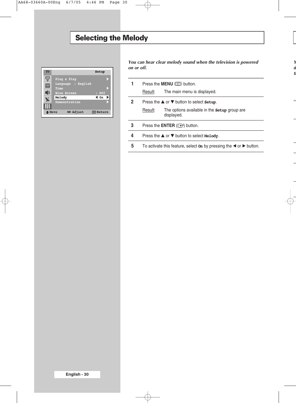 Selecting the melody | Samsung CW29M026V7XXEC User Manual | Page 30 / 48