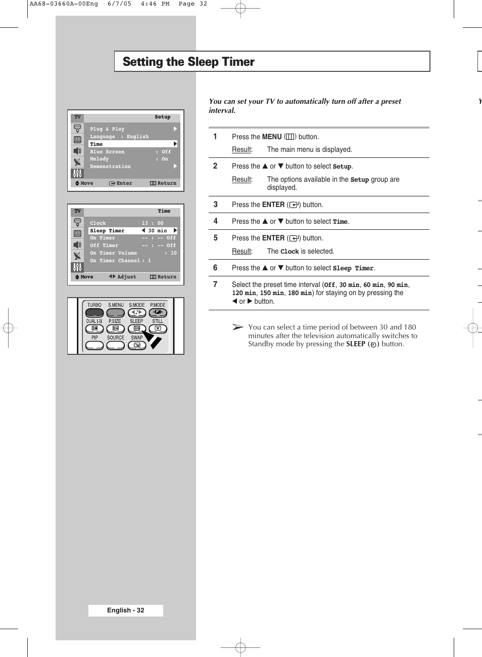 Setting the sleep timer | Samsung CW29M026V7XXEC User Manual | Page 32 / 48