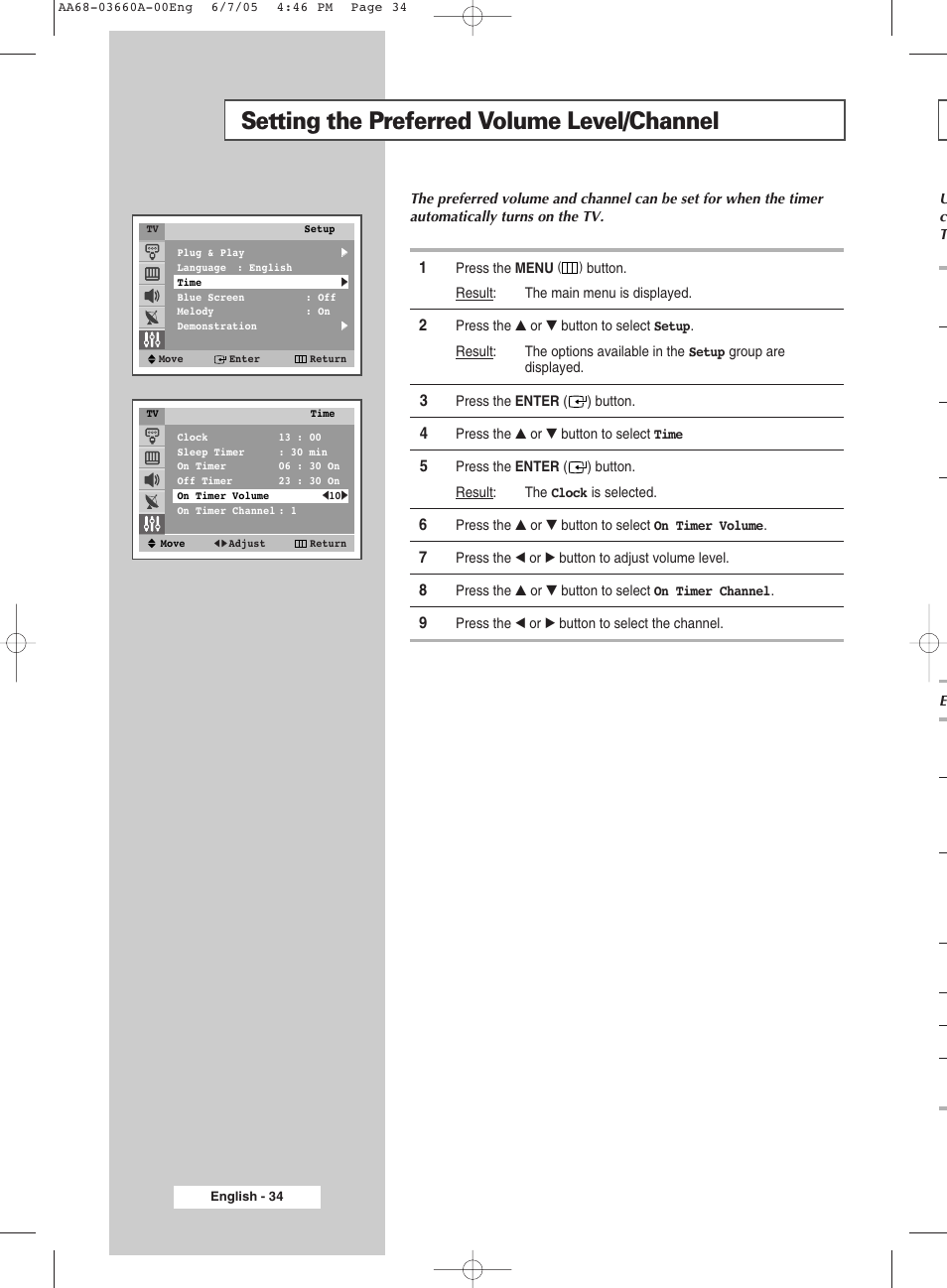 Setting the preferred volume level/channel | Samsung CW29M026V7XXEC User Manual | Page 34 / 48