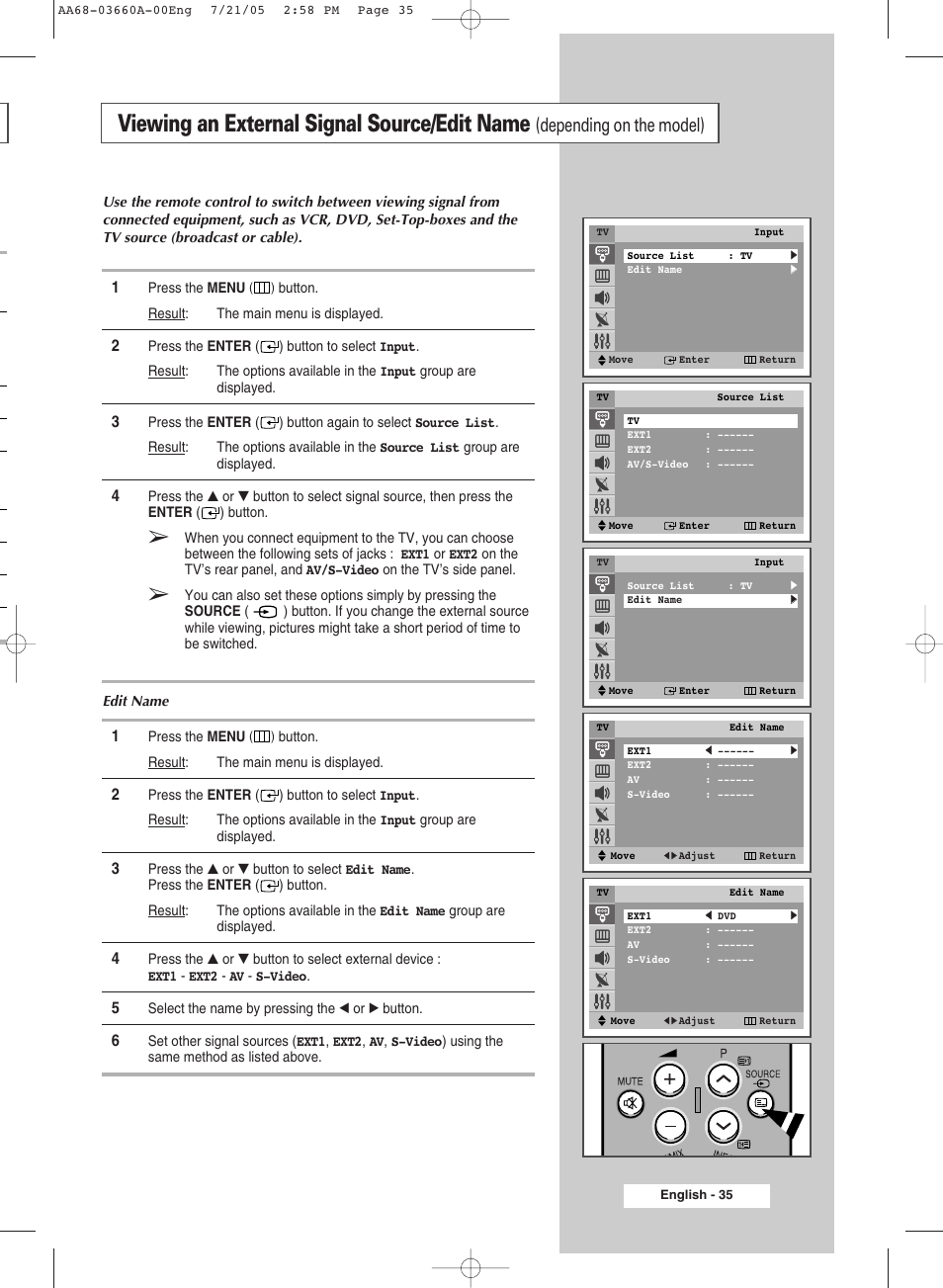 Viewing an external signal source/edit name, Depending on the model) | Samsung CW29M026V7XXEC User Manual | Page 35 / 48