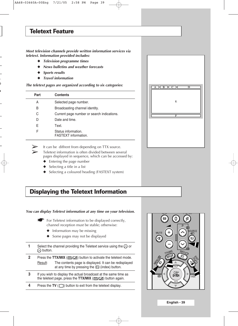 Using the teletext feature, Teletext feature, Displaying the teletext information | Samsung CW29M026V7XXEC User Manual | Page 39 / 48