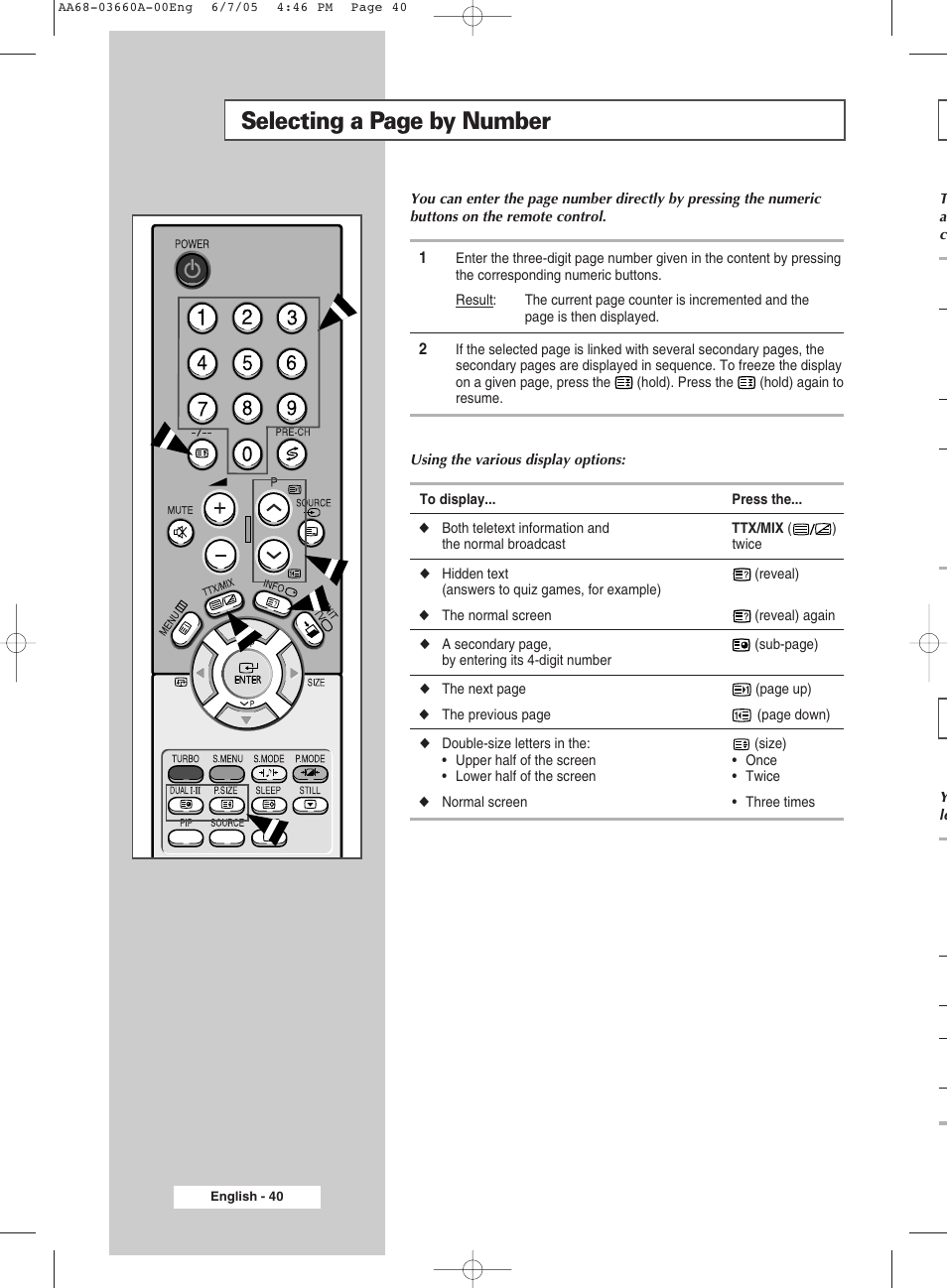 Selecting a page by number | Samsung CW29M026V7XXEC User Manual | Page 40 / 48