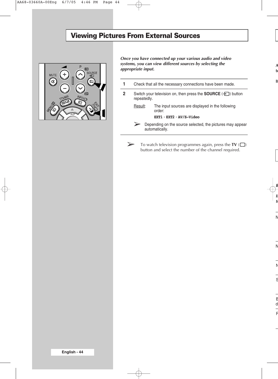 Viewing pictures from external sources | Samsung CW29M026V7XXEC User Manual | Page 44 / 48